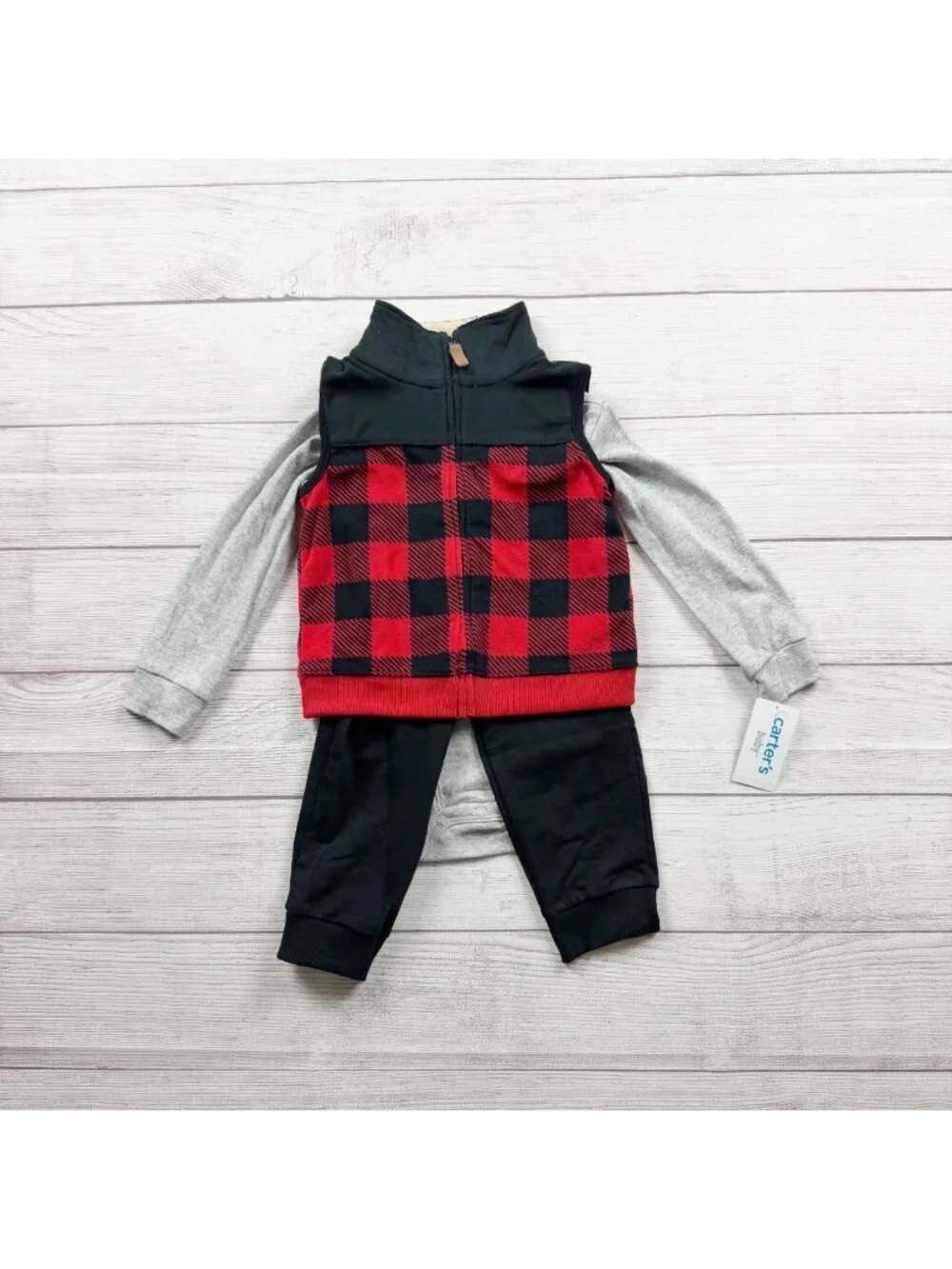 Carter's Baby Buffalo Plaid Outfit 3PC Red Black Sherpa Vest NWT 18-24 Months